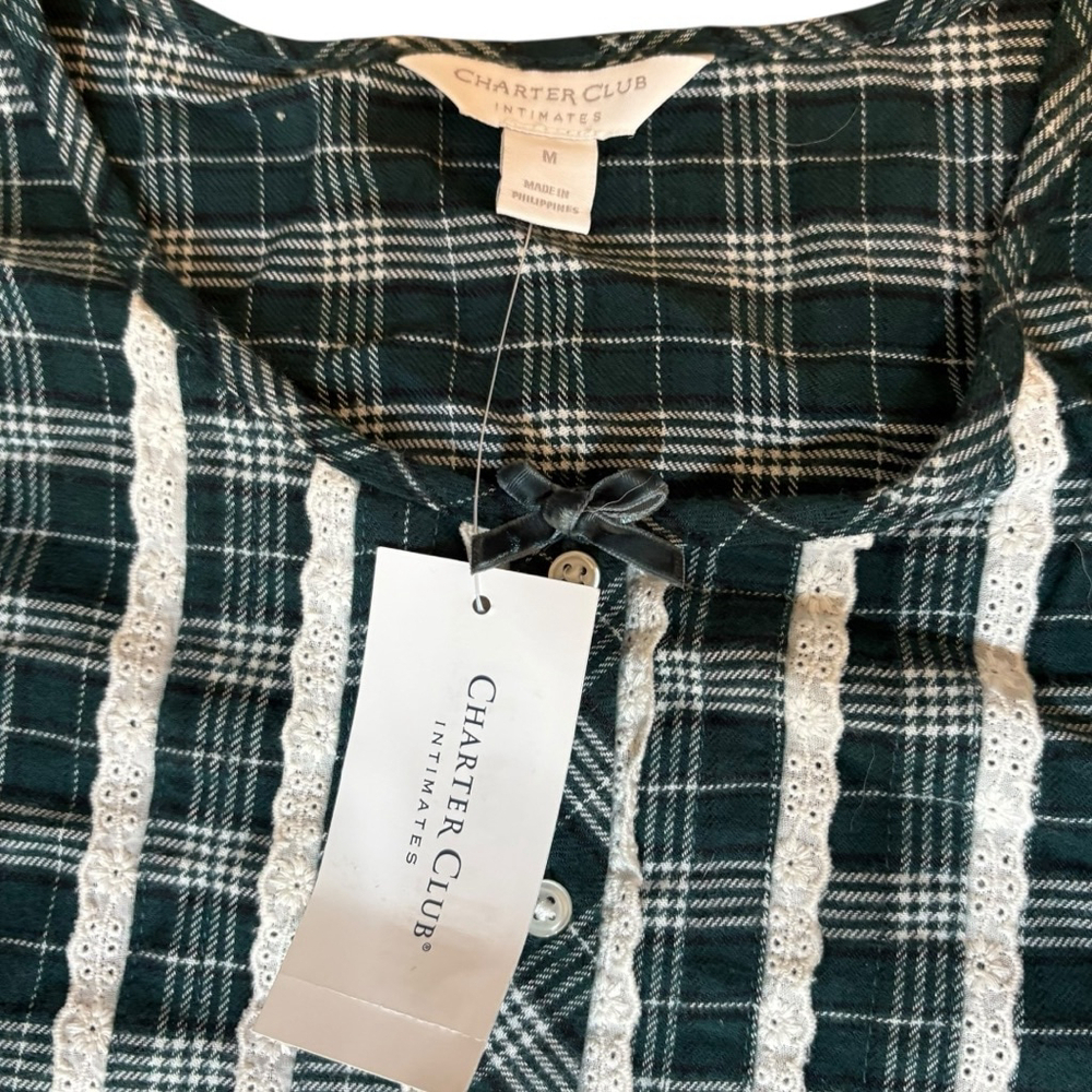 Charter Club Green Plaid Flannel Night Gown, M, Lace Trim - Picture 14 of 16